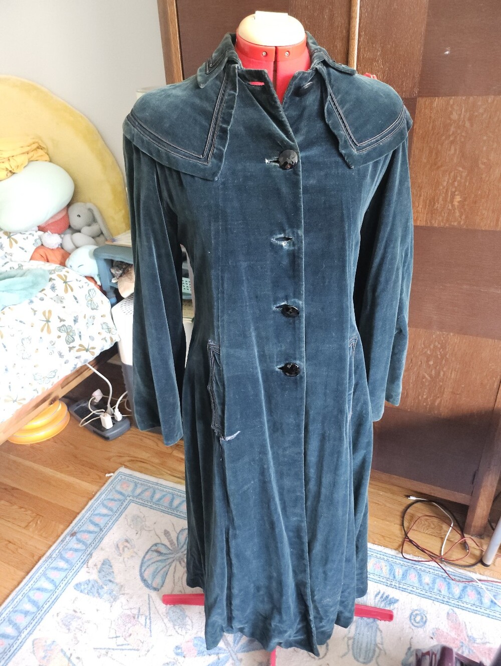 Real Vintage Dark Teal Velvet Long Women's Coat